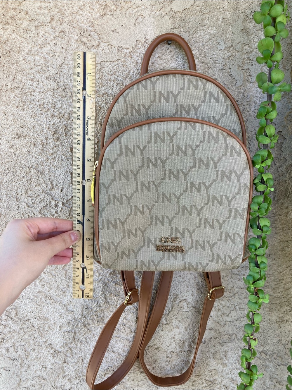 Jones New York Beige JNY Monogram Mini Backpack with Brown Trim